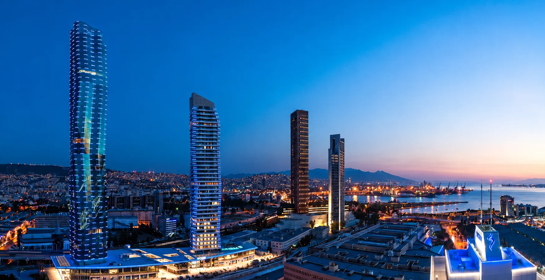 İzmir waterfront business district and towers at dusk