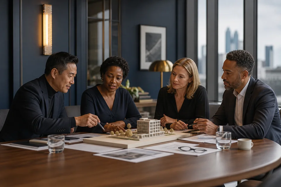 Founders and investors reviewing a venture proposal together