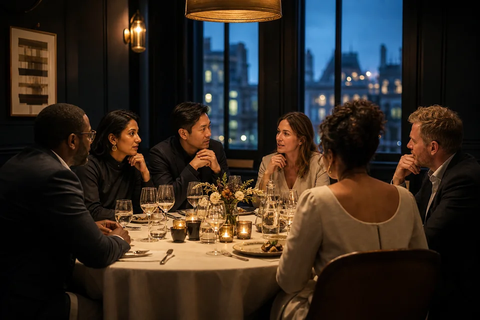 Business leaders in conversation at a curated private dinner