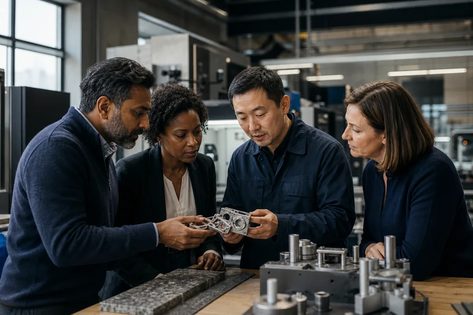 Business leaders examining an advanced manufacturing prototype