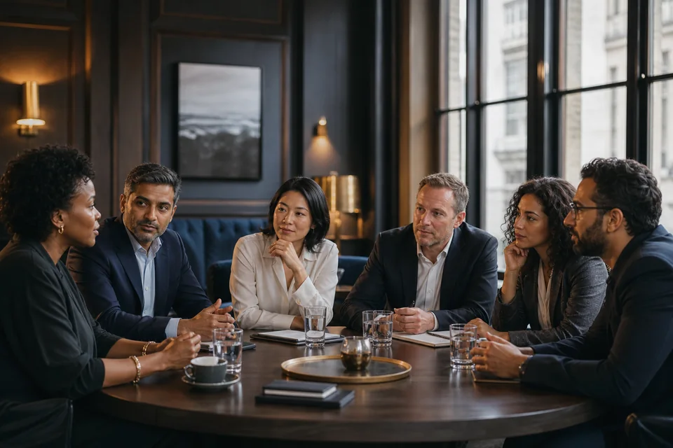 Business leaders exchanging ideas around a private roundtable